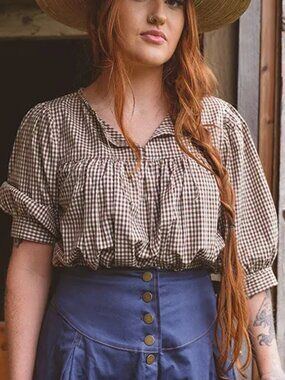 Revivall Gingham Peasant Blouse - Small